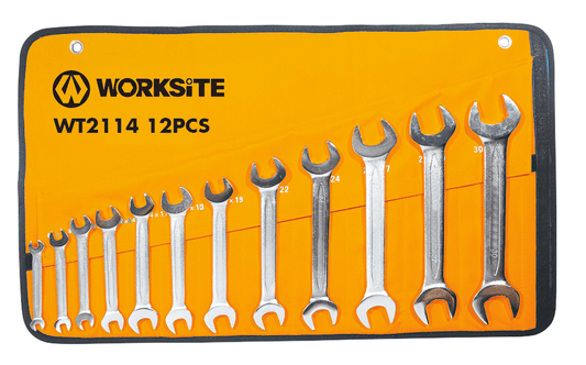 Worksite Double Open End Wrench 12pc Set, Metric. Full Polished Spanners with Chrome Plating, Made with Forged and Heat-Treated Carbon Steel, Include Roll-up Storage Pouch, Metric up to 22mm, Mirror Finish WT2114 Worksite Hand Tools