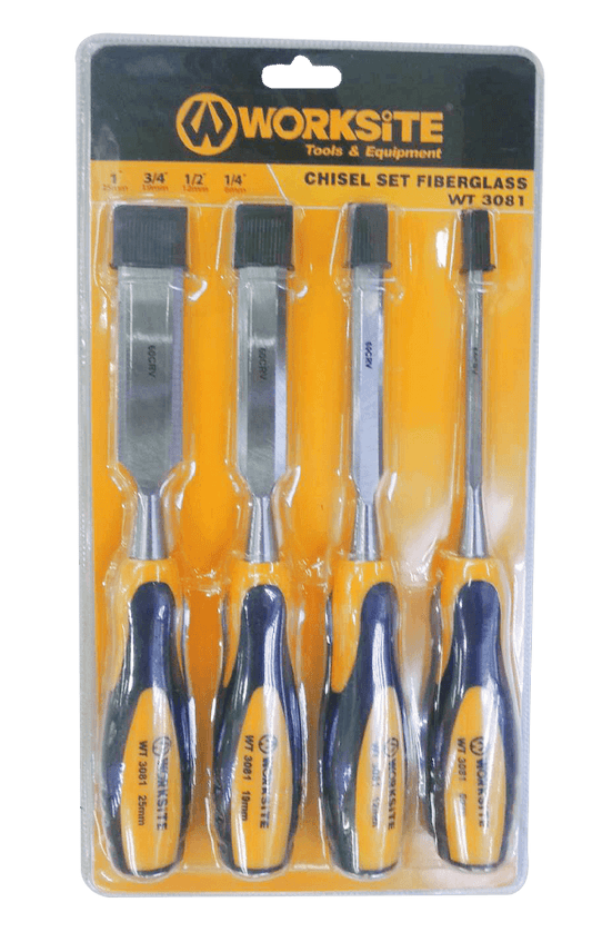 Worksite 4PCS Wood Chisel Set Fiberglass Handle Sizes 6,12,19,25mm. Perfect for Woodworking Professionals, beginner woodworkers, carpenters, engravers, artists. Product Dimensions: 1/4"(6MM), 1/2"(12MM), 3/4"(19MM), 1"(25MM) WT3081 Worksite Hand Tools