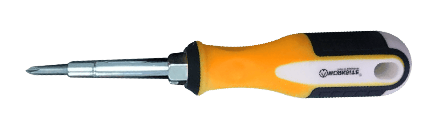 Worksite 6 IN 1 Screwdriver Two way Bit. All-in-one comfort grip, Rust Resistant Chrome Plated Bar, Ideal for kitchen drawer or car, Set Includes: 1/4"X2 1/2", PH1+SL5, 5/16"x3", PH2+ SL6 Socket: 6mm,8mm. WT5230 Worksite Hand Tools