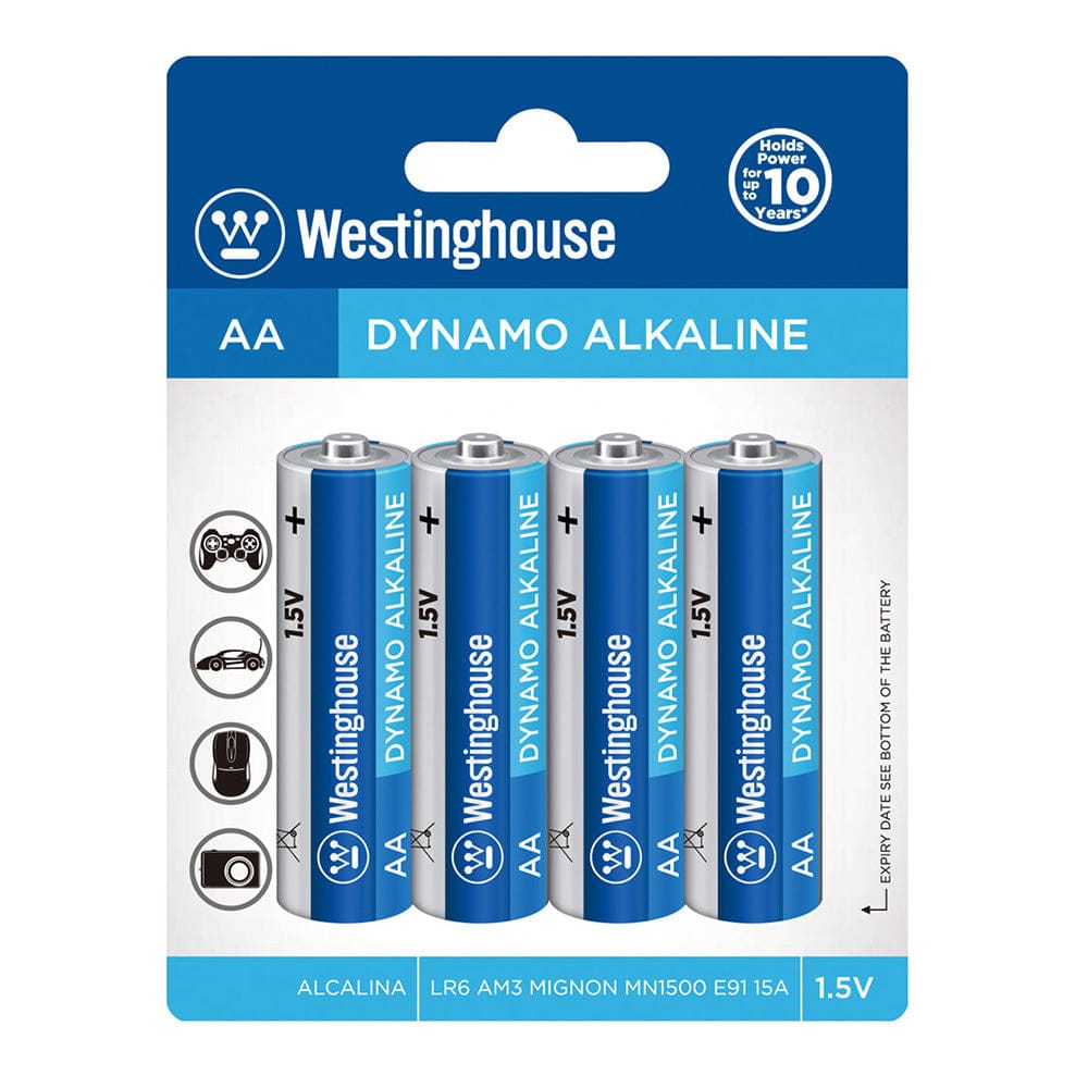 Westinghouse Alkaline AA Battery 4Pack delivers a stable current ideal for high drain household devices, including clocks, remote controls and toys - LR6BP4 ebuystt