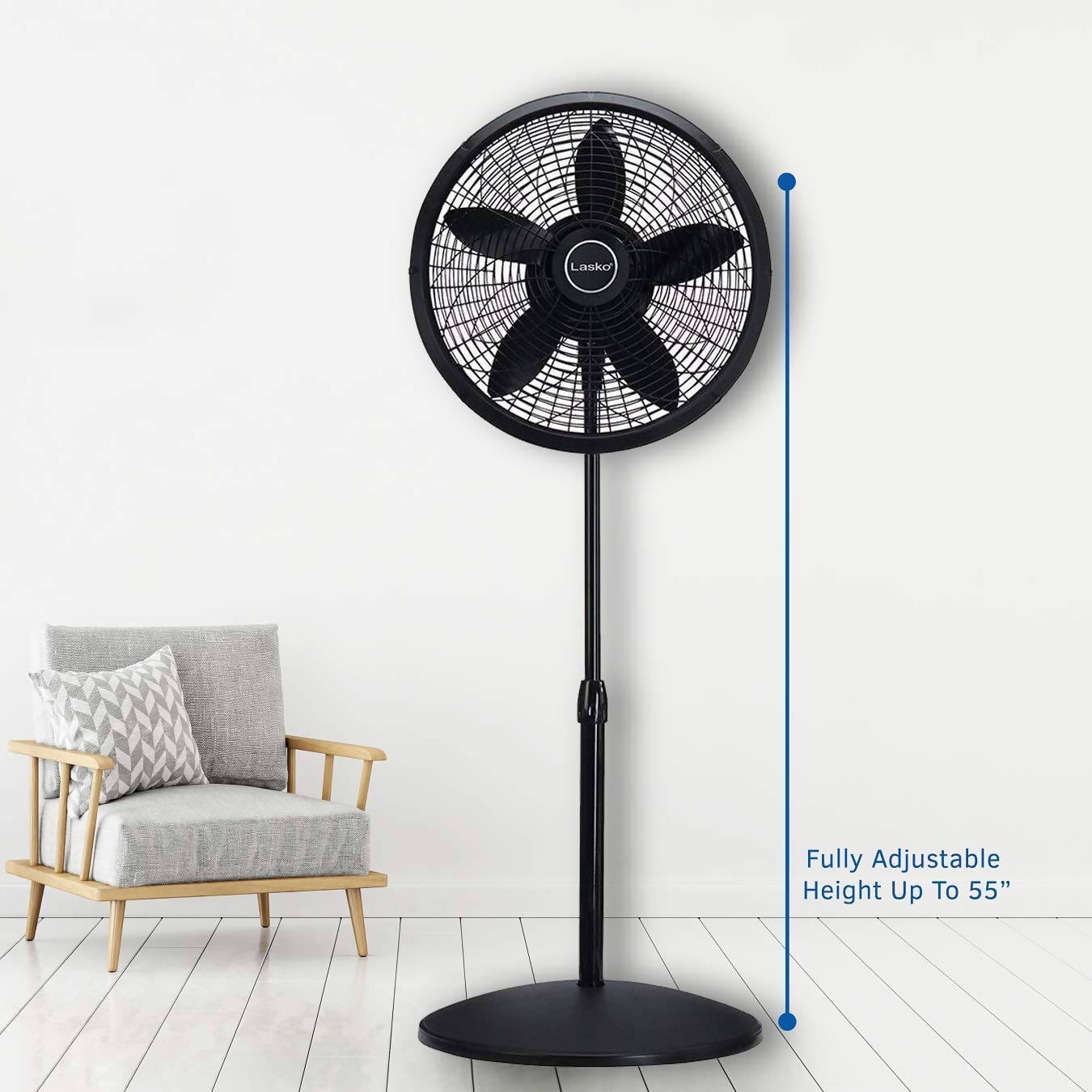 Lasko 18″ Elegance & Performance Adjustable Pedestal Fan, ideal for the bedroom, living room, or near your desk. Low, medium, and high speed make this fan well suited around the whole house. Black - 1827B Pie's Variety Store
