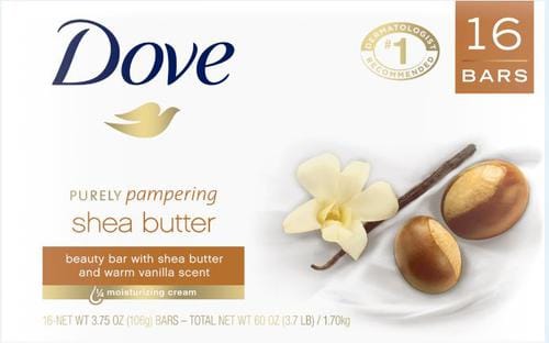 Dove Shea Butter Beauty Bar 16 Units / 3.75 oz / 106 g Enjoy the gentle cleansers and ¼ cup of moisturizing cream along with the creamy aroma of shea butter and vanilla-390346 Hannah's Variety Store