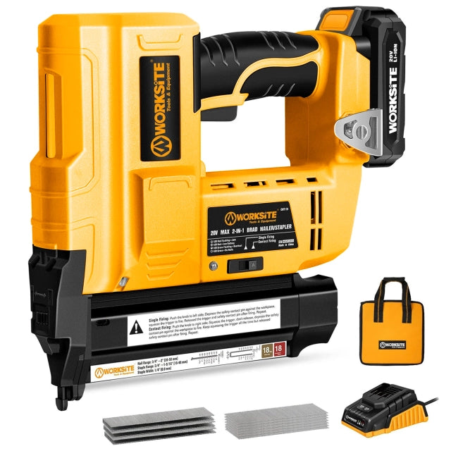 WORKSITE 2-In-1 Brad Nailer Stapler 18 Gauge Battery Powered Portable Nail Gun Compatible with 3/4 Inches~2Inches Nails and 3/4 Inches~1-9/16 inches Staples- CNT116 Worksite Power Tools