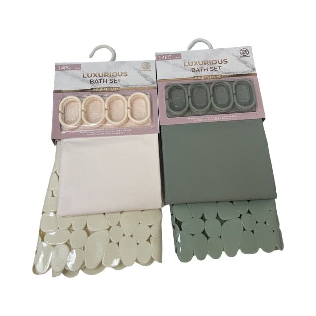 HOUSEWELL PLASTIC SHOWER CURTAIN W/NON SKID MAT 14 PC- 20021507 Mega
