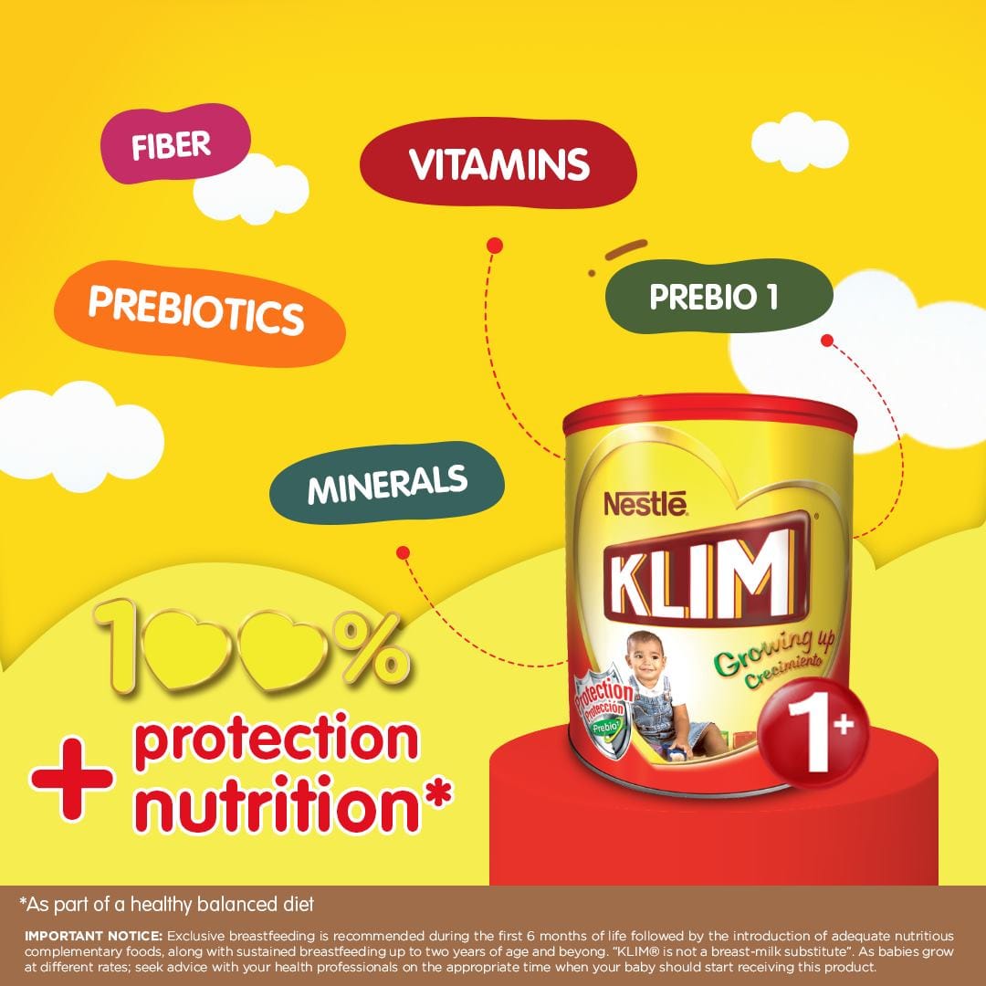 Nestle Klim Growing Up Milk 1 Plus 1600G - KLIM® 1+ Growing Up which provides them with vitamins, minerals, and prebiotics.  - 7501059276024 Pie's Variety Store
