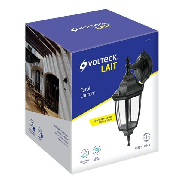 VOLTECH WALL LANTERN LED, 340 lumen, 8w Powered, Black Aluminum Frame, White Frosted Glass Lantern VOLTECH 46342 Mega