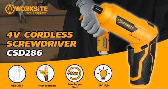 Worksite 4V Cordless Screwdriver Kit- Grip Rechargeable Cordless Screwdriver, Includes 9pcs Bit, 1pc Bit Holder, USB Charging Cable. For Everyday needs and DIY projects- CSD286 Worksite Power Tools