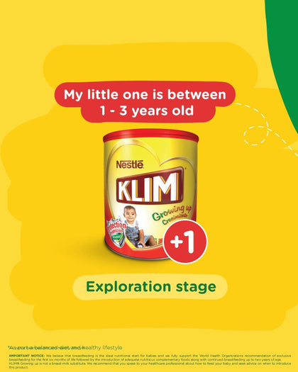 Nestle Klim Growing Up Milk 1 Plus 1600G - KLIM® 1+ Growing Up which provides them with vitamins, minerals, and prebiotics.  - 7501059276024