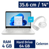 HP 35.6 cm / 14” Intel Celeron N4120 Laptop 4 Gigabytes / 64 Gigabytes with JBL White Wireless Headphones T520 - 493031