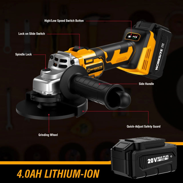 WORKSITE Brushless Angle Grinder Tool 4.5 Inch Variable Speed Portable Handheld Battery Powered Electric Grinders-CAG323 Worksite Power Tools