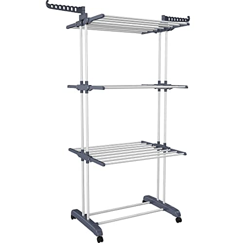 HOMIDEC Clothes Drying Rack, Oversized 4-Tier(67.7" High) Foldable Stainless Steel Drying Rack Clothing, Movable Drying Rack with 4 castors, 24 Drying Poles and 14 Hooks for Bed Linen, Clothing, Grey HOMIDEC