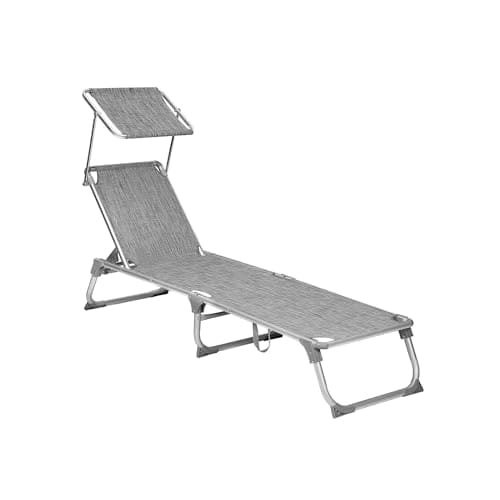 SONGMICS Lounger, Sunbed, Reclining Sun Chair with Sunshade, Adjustable Backrest, Foldable, Lightweight, 55 x 193 x 31 cm, Load Capacity 150 kg, for Garden, Patio, Mottled GCB19TG, Grey + White ebuys