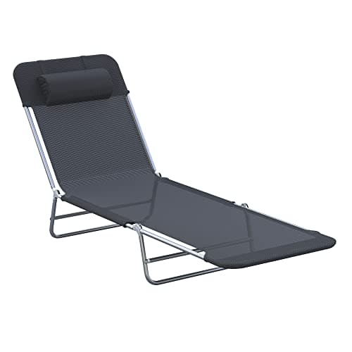 Outsunny Folding Chaise Lounge Pool Chairs, Outdoor Sun Tanning Chairs with Pillow, Reclining Back, Steel Frame & Breathable Mesh for Beach, Yard, Patio, Black ebuys