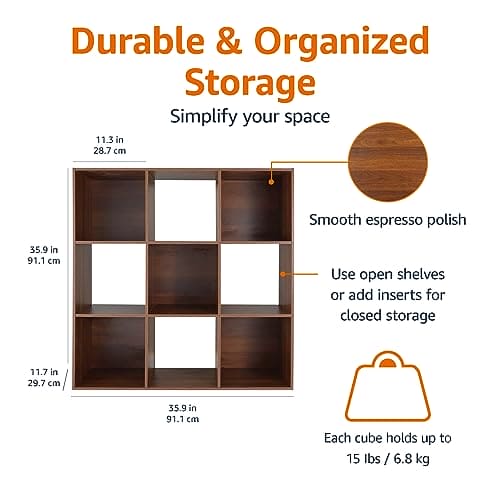 Storage Cube Shelf Organizer, 9 Cubes, Espresso, 11.7"D x 35.9"W x 35.9"H EBUYSTT