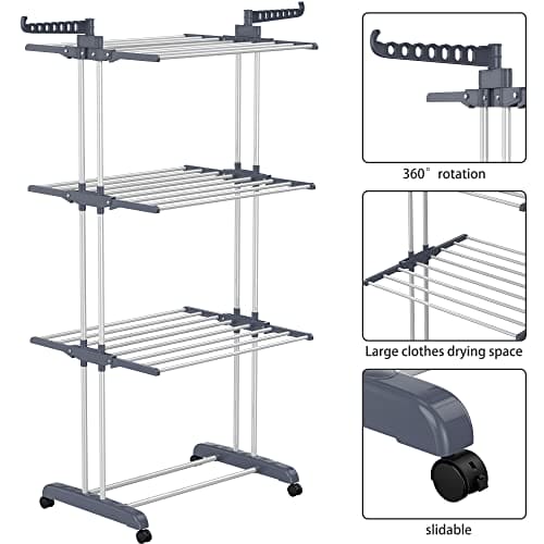 HOMIDEC Clothes Drying Rack, Oversized 4-Tier(67.7" High) Foldable Stainless Steel Drying Rack Clothing, Movable Drying Rack with 4 castors, 24 Drying Poles and 14 Hooks for Bed Linen, Clothing, Grey HOMIDEC