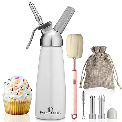 Paymana Professional Aluminum Whipped Cream Dispenser with 3 Decorating Nozzles, 2 Cleaning Brush, Storage Bag, Dust Cap, E-Book & Charger Holder | Leak Free Whip Cream Maker (Charger Excluded)