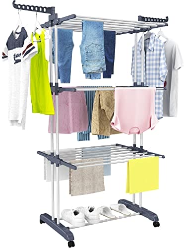 HOMIDEC Clothes Drying Rack, Oversized 4-Tier(67.7" High) Foldable Stainless Steel Drying Rack Clothing, Movable Drying Rack with 4 castors, 24 Drying Poles and 14 Hooks for Bed Linen, Clothing, Grey HOMIDEC