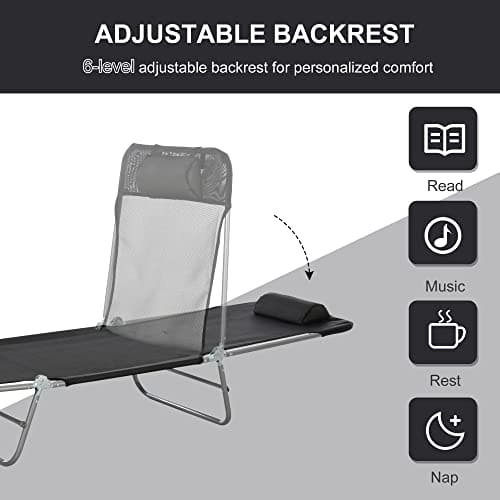 Outsunny Folding Chaise Lounge Pool Chairs, Outdoor Sun Tanning Chairs with Pillow, Reclining Back, Steel Frame & Breathable Mesh for Beach, Yard, Patio, Black ebuys