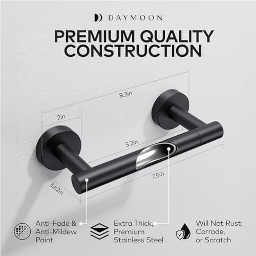 Day Moon™ Matte Black Toilet Paper Holder - Black Toilet Paper Holder Wall Mount - Modern Toilet Paper Roll Holder Black Matte Toilet Paper Holder - Black Bathroom Toilet Paper Holder Day Moon Designs