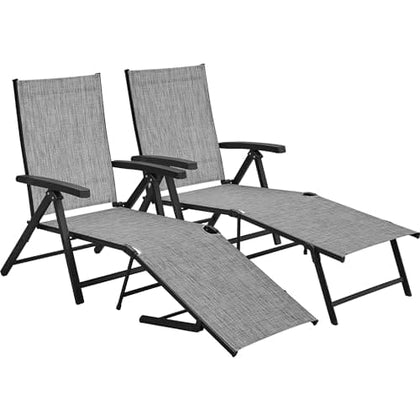 Yaheetech Outdoor Folding Chaise Lounge Set of 2 Patio Reclining Chairs w/Adjustable 7-Position Back for Beach Pool Garden Yard Deck Gray