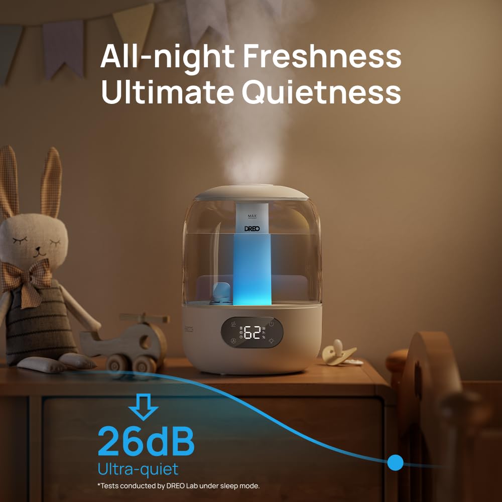 DREO Humidifiers for Bedroom, 3L Top Fill 30H & 26dB Quiet Runtime for Large Room, Cool Mist Ultrasonic Humidifier with Humidity Sensor, Night Light for Home, Baby, Nursery, Plants, New Edition DREO