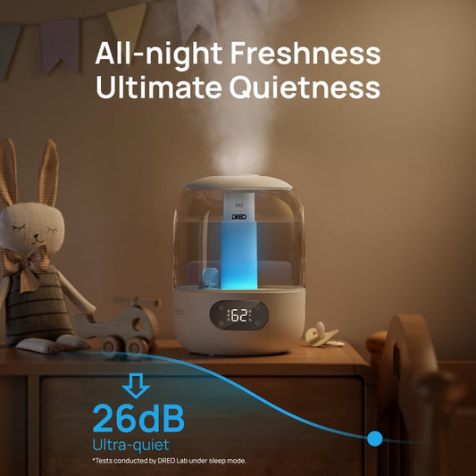 DREO Humidifiers for Bedroom, 3L Top Fill 30H & 26dB Quiet Runtime for Large Room, Cool Mist Ultrasonic Humidifier with Humidity Sensor, Night Light for Home, Baby, Nursery, Plants, New Edition DREO
