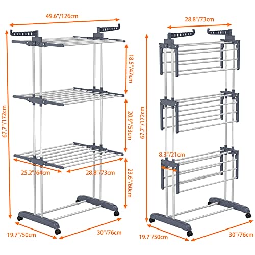 HOMIDEC Clothes Drying Rack, Oversized 4-Tier(67.7" High) Foldable Stainless Steel Drying Rack Clothing, Movable Drying Rack with 4 castors, 24 Drying Poles and 14 Hooks for Bed Linen, Clothing, Grey HOMIDEC