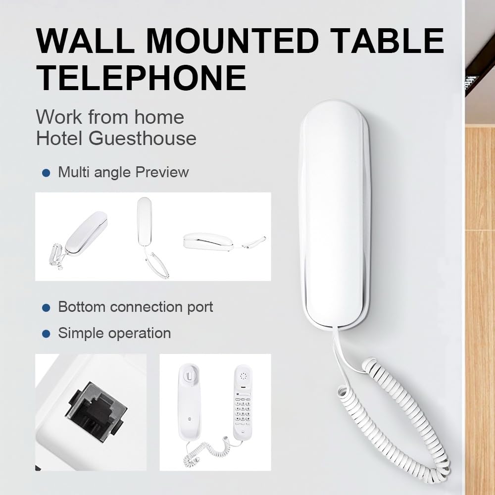OF-990 Slimline Telephone Adjustable Volume Ringtone Wall-Mountable Basic Corded Telephone No AC Power Required, Corded Home Phone XLHTEE