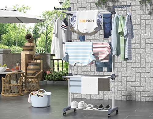 HOMIDEC Clothes Drying Rack, Oversized 4-Tier(67.7" High) Foldable Stainless Steel Drying Rack Clothing, Movable Drying Rack with 4 castors, 24 Drying Poles and 14 Hooks for Bed Linen, Clothing, Grey HOMIDEC