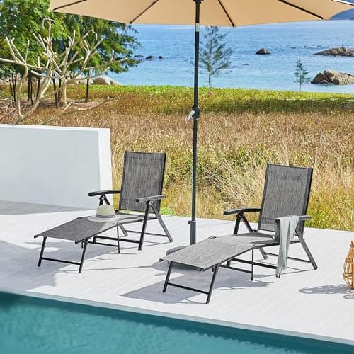 Yaheetech Outdoor Folding Chaise Lounge Set of 2 Patio Reclining Chairs w/Adjustable 7-Position Back for Beach Pool Garden Yard Deck Gray ebuys