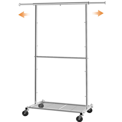 Simple Trending Standard Clothing Garment Rack, Rolling Clothes Organizer with Wheels and Bottom Shelves, Extendable, Chrome