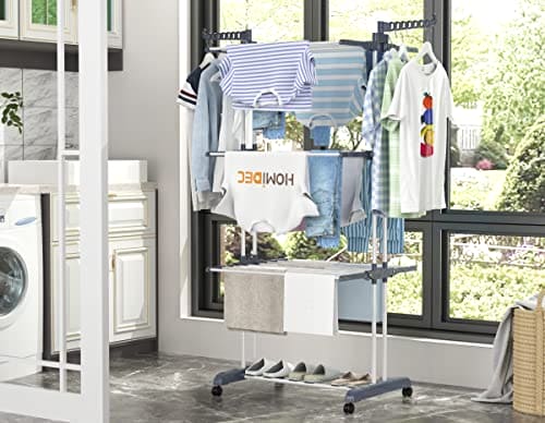 HOMIDEC Clothes Drying Rack, Oversized 4-Tier(67.7" High) Foldable Stainless Steel Drying Rack Clothing, Movable Drying Rack with 4 castors, 24 Drying Poles and 14 Hooks for Bed Linen, Clothing, Grey HOMIDEC