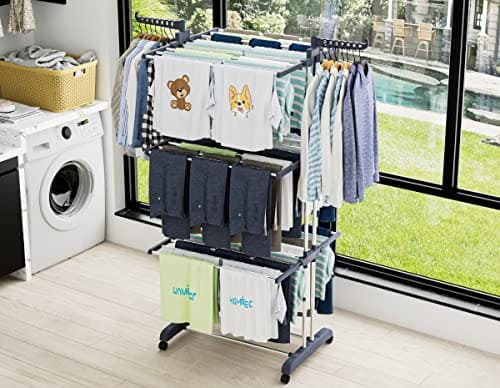HOMIDEC Clothes Drying Rack, Oversized 4-Tier(67.7" High) Foldable Stainless Steel Drying Rack Clothing, Movable Drying Rack with 4 castors, 24 Drying Poles and 14 Hooks for Bed Linen, Clothing, Grey HOMIDEC
