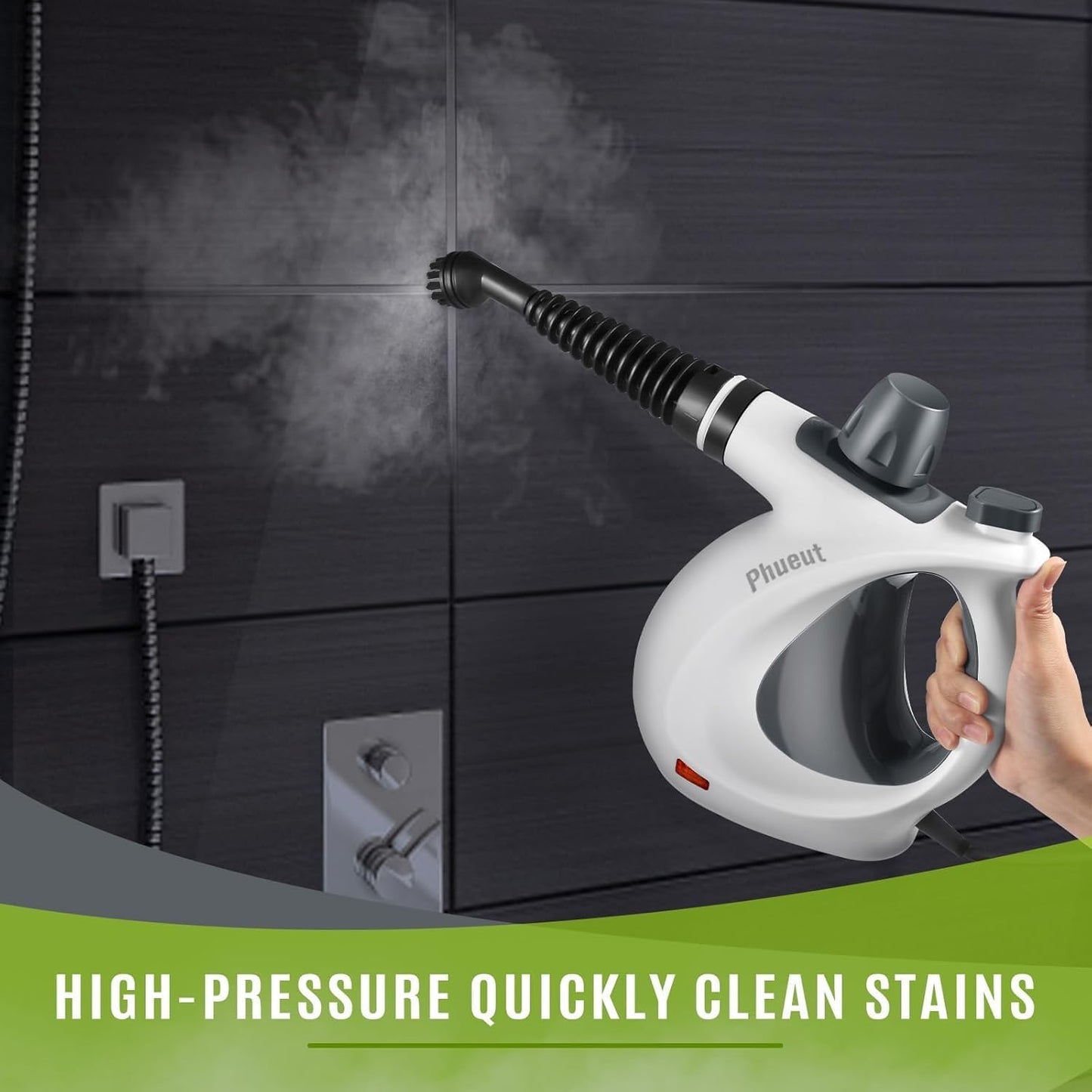 Pressurized Handheld Multi-Surface Natural Steam Cleaner with 12 pcs Accessories, Multi-Purpose Steamer for Home Use, Steamer for Cleaning Floor, Upholstery, Grout and Car (Grey) Phueut
