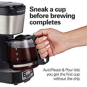 Hamilton Beach 5 Cup Compact Drip Coffee Maker with Programmable Clock, Glass Carafe, Auto Pause and Pour, Black & Stainless Steel (46111) ebuystt