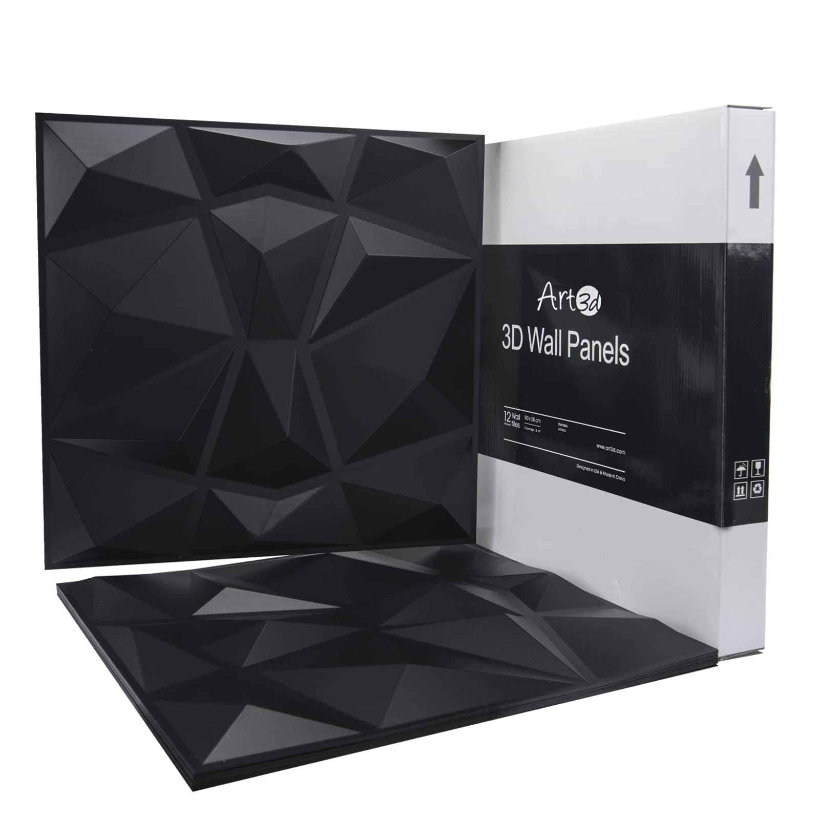 Art3d 3D Paneling Textured 3D Wall Design, Black Diamond, 19.7" x 19.7" (12 Pack) Art3d