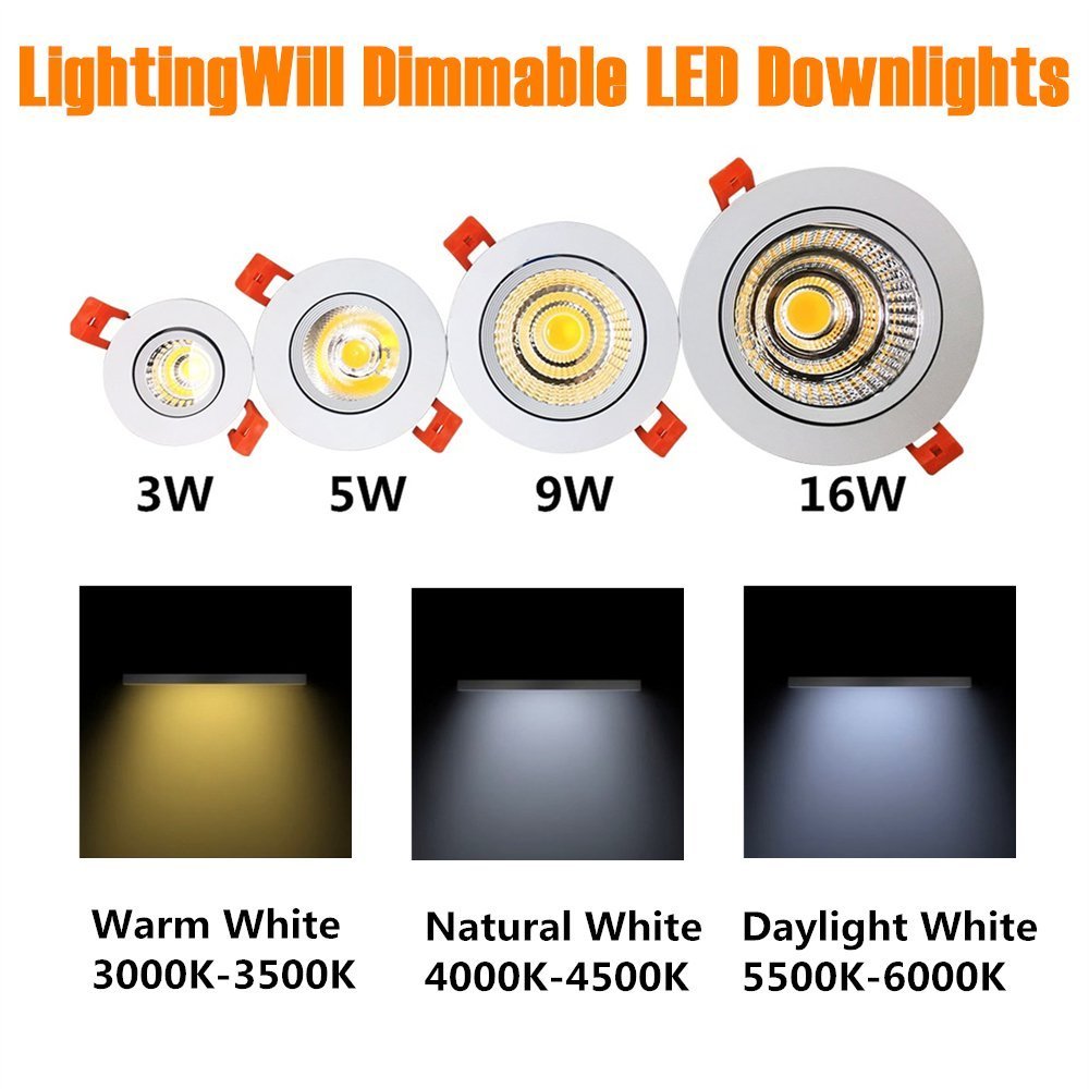 LightingWill 2inch LED Dimmable Downlight, 3W COB Recessed Ceiling Light, Daylight White 5500K-6000K, CRI80, 25W 220LM Halogen Bulbs Equivalent, White (10 Pack) LightingWill