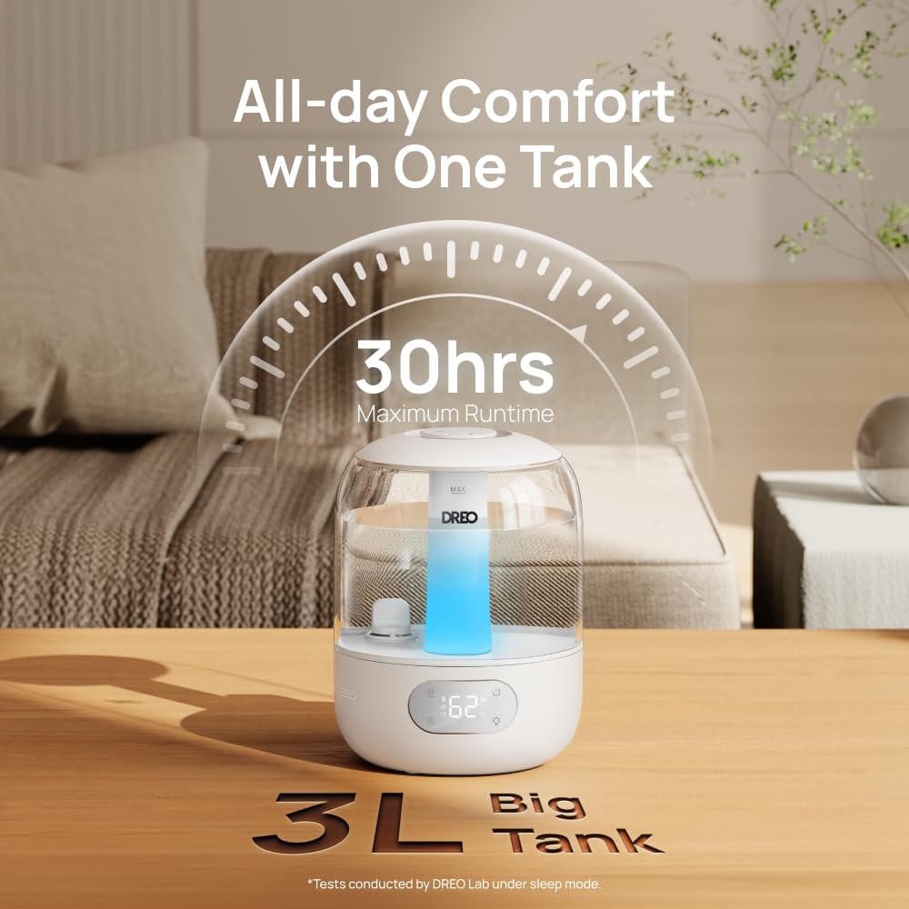 DREO Humidifiers for Bedroom, 3L Top Fill 30H & 26dB Quiet Runtime for Large Room, Cool Mist Ultrasonic Humidifier with Humidity Sensor, Night Light for Home, Baby, Nursery, Plants, New Edition DREO