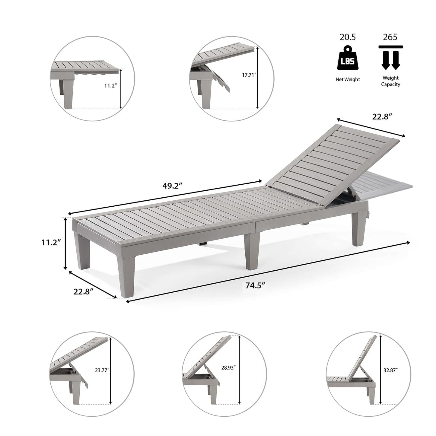 Nestl Patio Chairs - Waterproof Outdoor Chaise Lounge Chair, Set of 4 Adjustable Lawn Chairs, Lightweight Grey Chaise Lounge Outdoor ebuys
