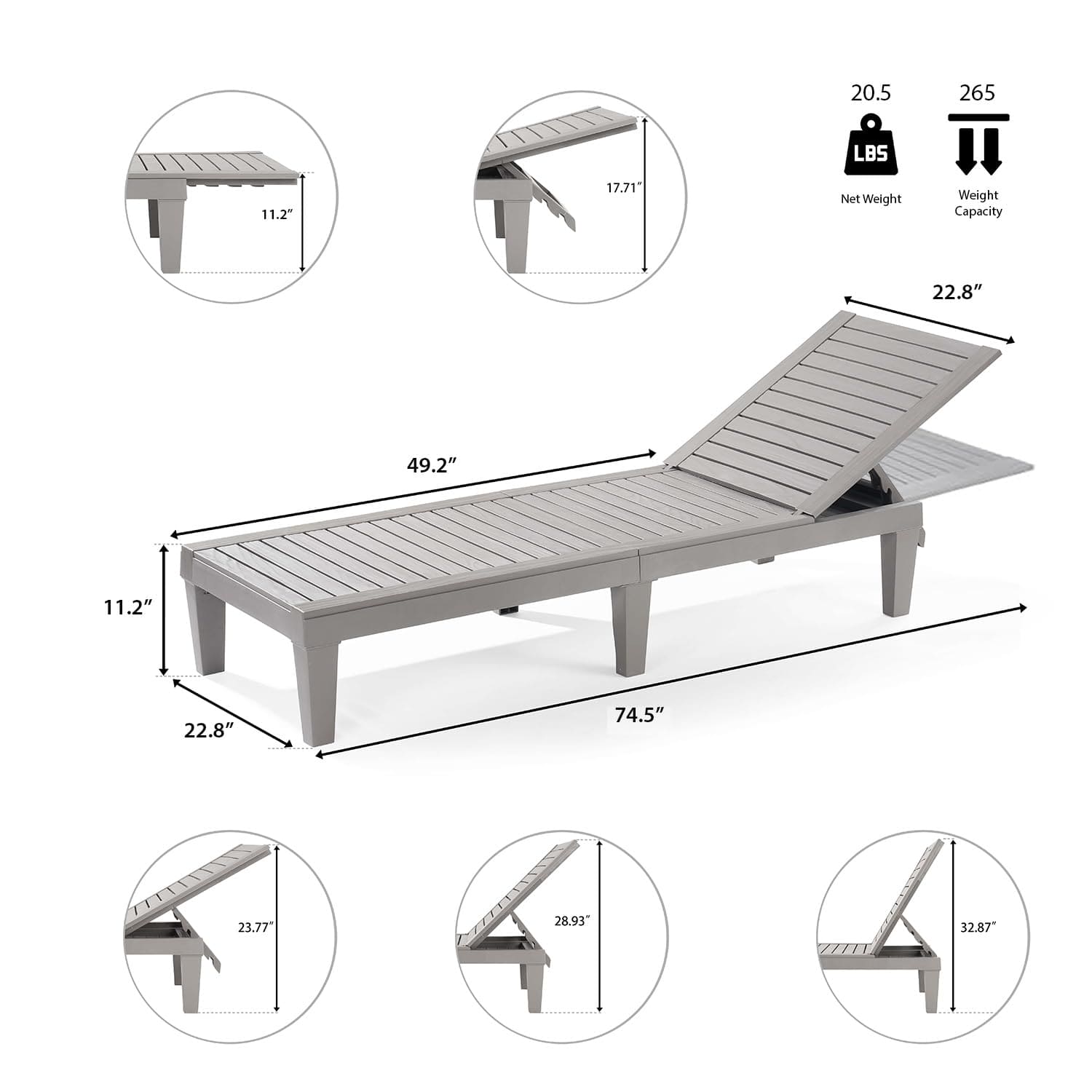 Nestl Patio Chairs - Waterproof Outdoor Chaise Lounge Chair, Set of 4 Adjustable Lawn Chairs, Lightweight Grey Chaise Lounge Outdoor ebuys
