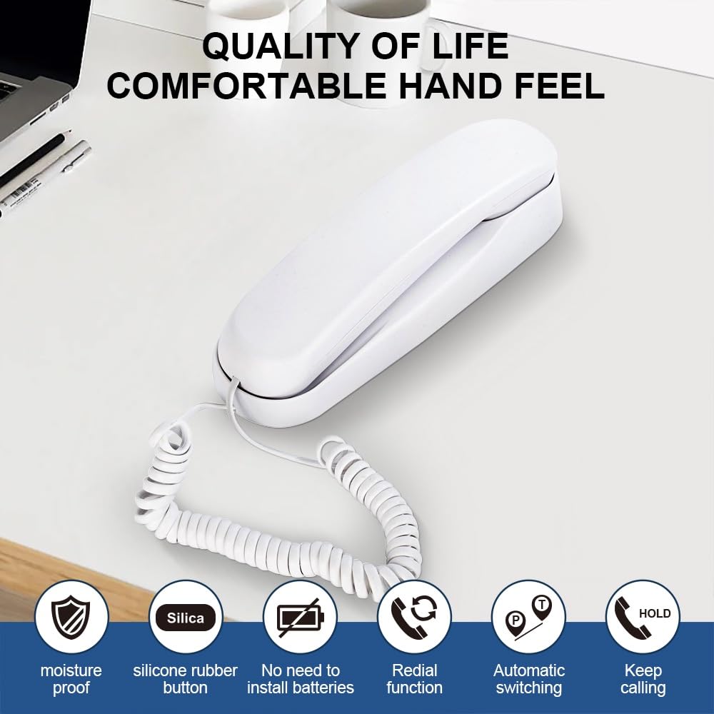 OF-990 Slimline Telephone Adjustable Volume Ringtone Wall-Mountable Basic Corded Telephone No AC Power Required, Corded Home Phone XLHTEE