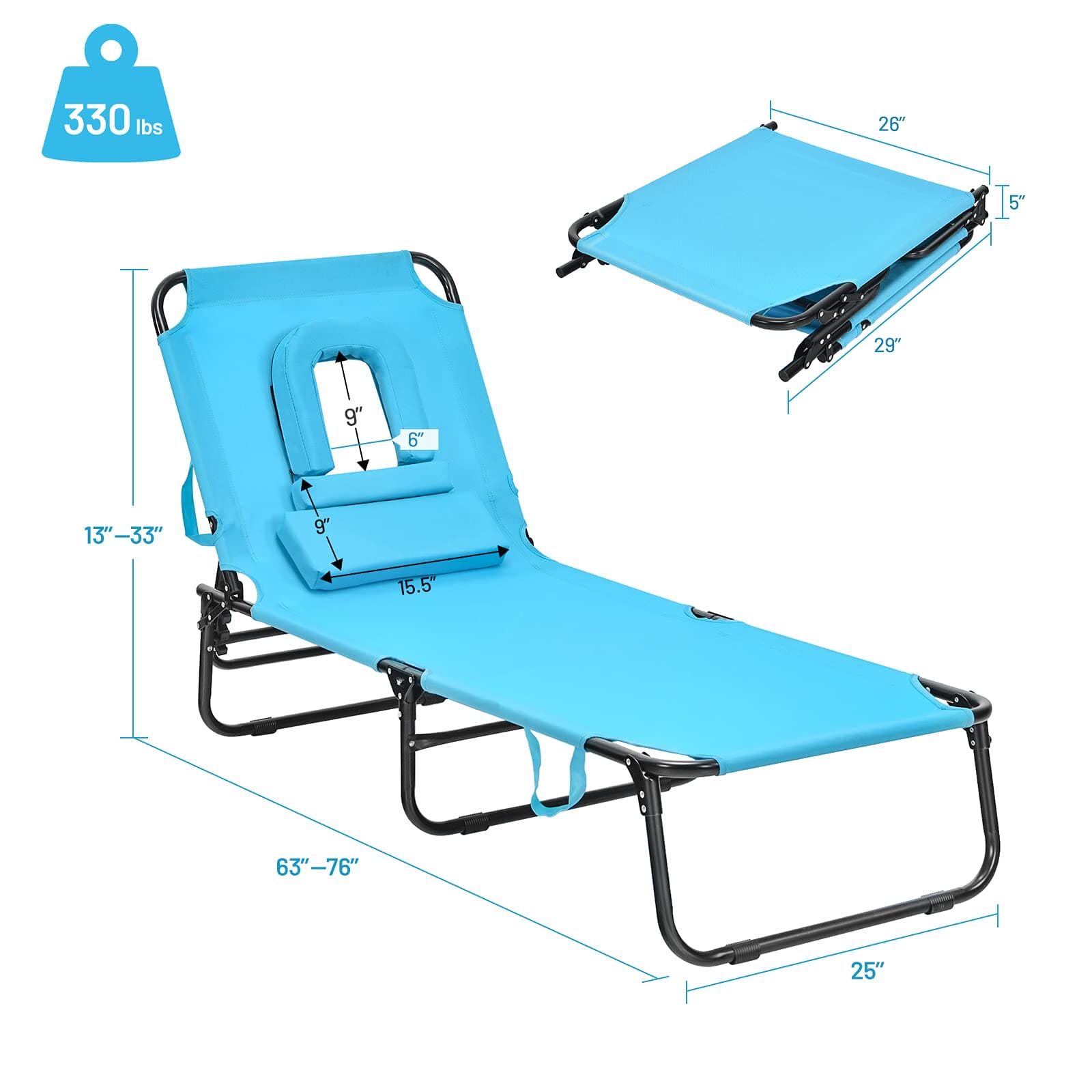 Giantex Outdoor Chaise Lounge Chair - Folding Beach Chair with 5 Adjustable Positions, Hole, Detachable Pillow, Hand Ropes, Lounger for Sunbathing, Poolside, Yard, Patio Lawn Chair ebuys