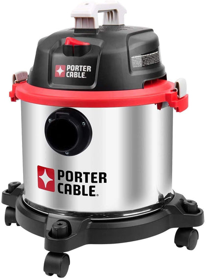 Porter-Cable Wet/Dry Vacuum 5 Gallon 4HP Stainless Steel Light Weight Portable, 3 in 1 Function with Attachments, Silver+Red, Model: PCX18406-5B