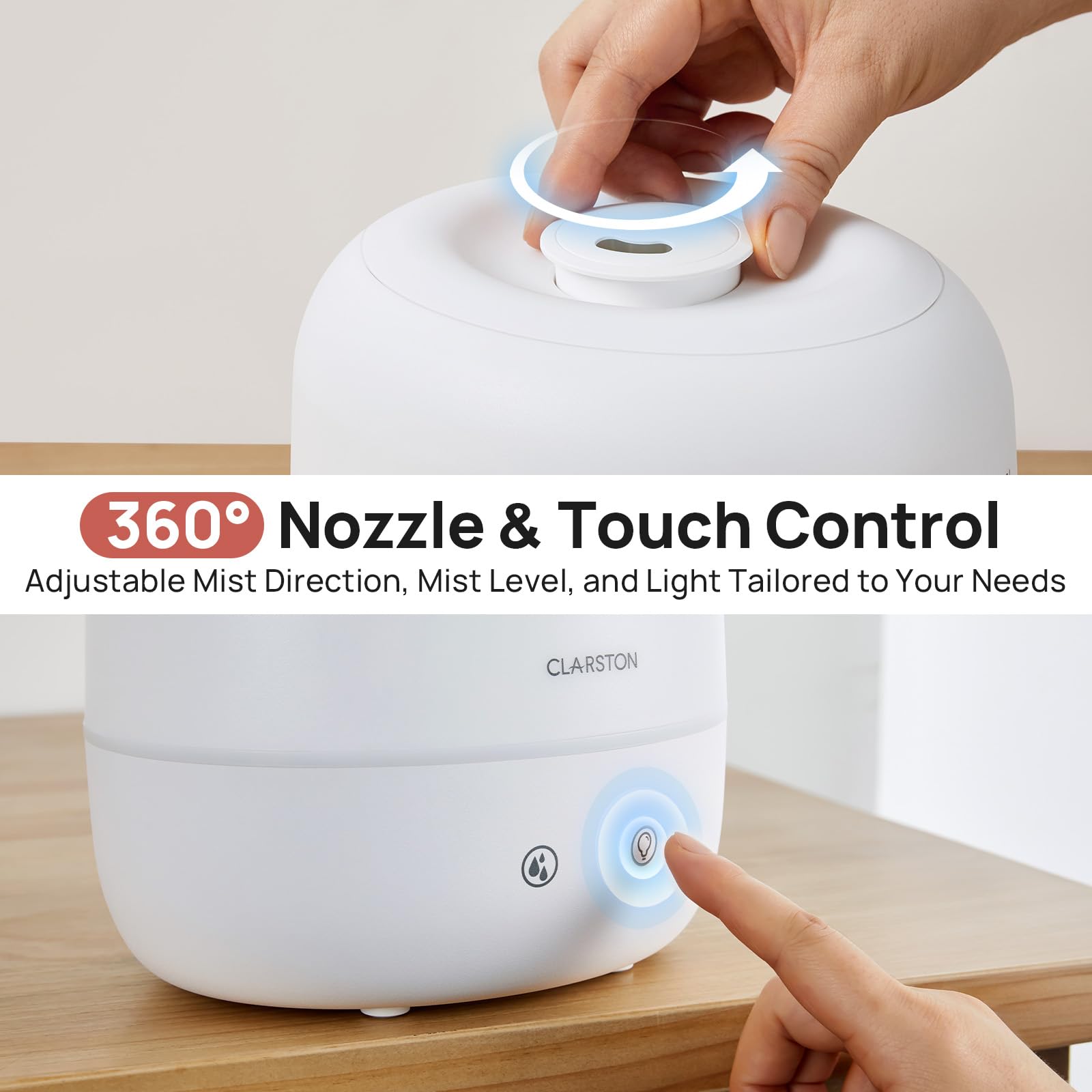 Clarston 2L Cool Mist Humidifier for Bedroom with 360° Adjustable Nozzle, High and Low Mist Levels, Ultra-Low Noise, Light-Off, No BPA, Auto Shut Off, Ideal Baby Humidifier with Easy Top Filling CLARSTON