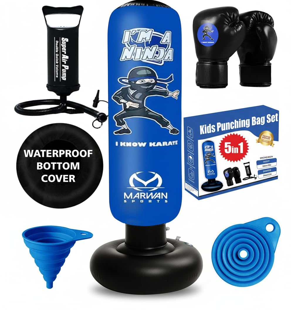 Marwan Sports Inflatable Punching Bag for Kids – 5-in-1 Birthday Set with Gloves, Pump & Fast Rebound – Fun Active Toy for Boys Ages 4-12 EBUYSTT