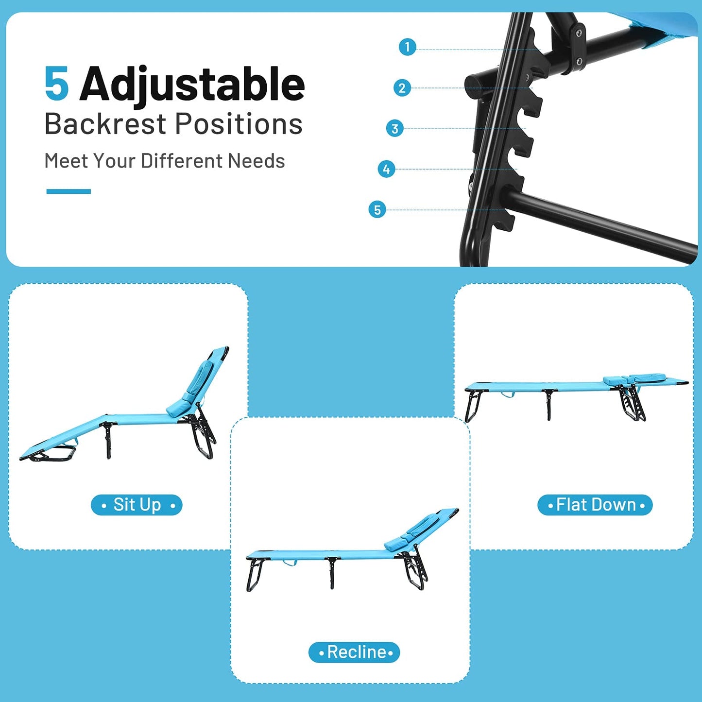 Giantex Outdoor Chaise Lounge Chair - Folding Beach Chair with 5 Adjustable Positions, Hole, Detachable Pillow, Hand Ropes, Lounger for Sunbathing, Poolside, Yard, Patio Lawn Chair ebuys