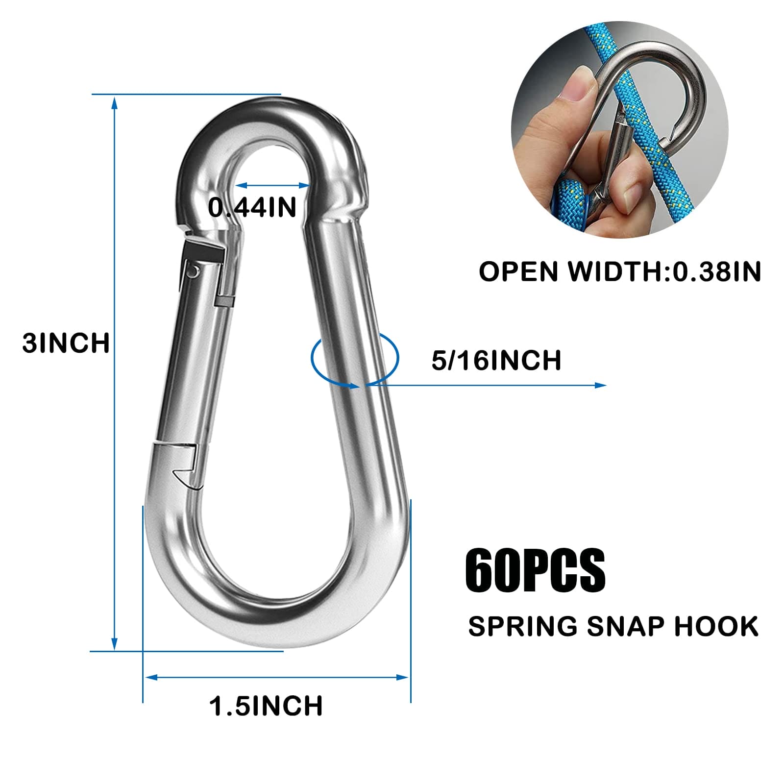 EPHECH 60PCS 3" Heavy Duty Spring Snap Hook, M8 5/16" Galvanized Steel Snap Hook Carabiner Quick Link Carabiner Clip, 500LBS Holding Capacity Quick Link Keychain for Swing Hammock Gym Outdoor EPHECH