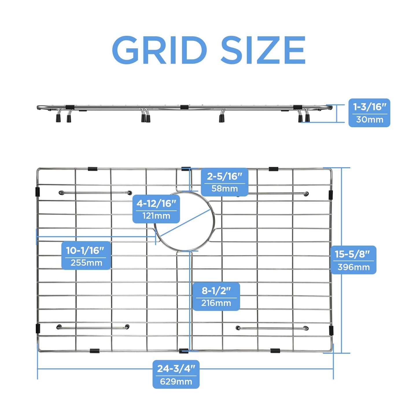 Sanycasa Stainless Steel Kitchen Sink Grid – 24-3/4” x 15-5/8” Sink Protector for Single Bowl Sinks – Rear Drain with Corner Radius 3/8", Durable Sink Grate & Drying Rack for Glassware SANYCASA