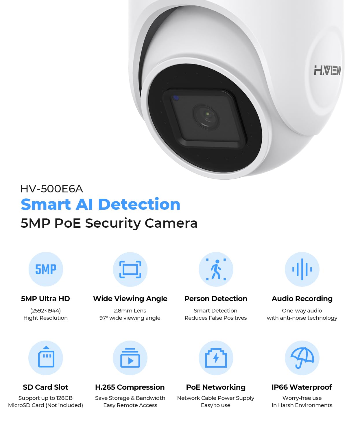 (Hikvision Compatible) H.VIEW 5MP Outdoor POE Camera Dome Turret IP Security Camera, 100ft IR Night Vision, 2.8mm Fixed lens, H.265+ IP PoE Outdoor Camera, RTSP,RTMP WDR,Support SD Card H.VIEW