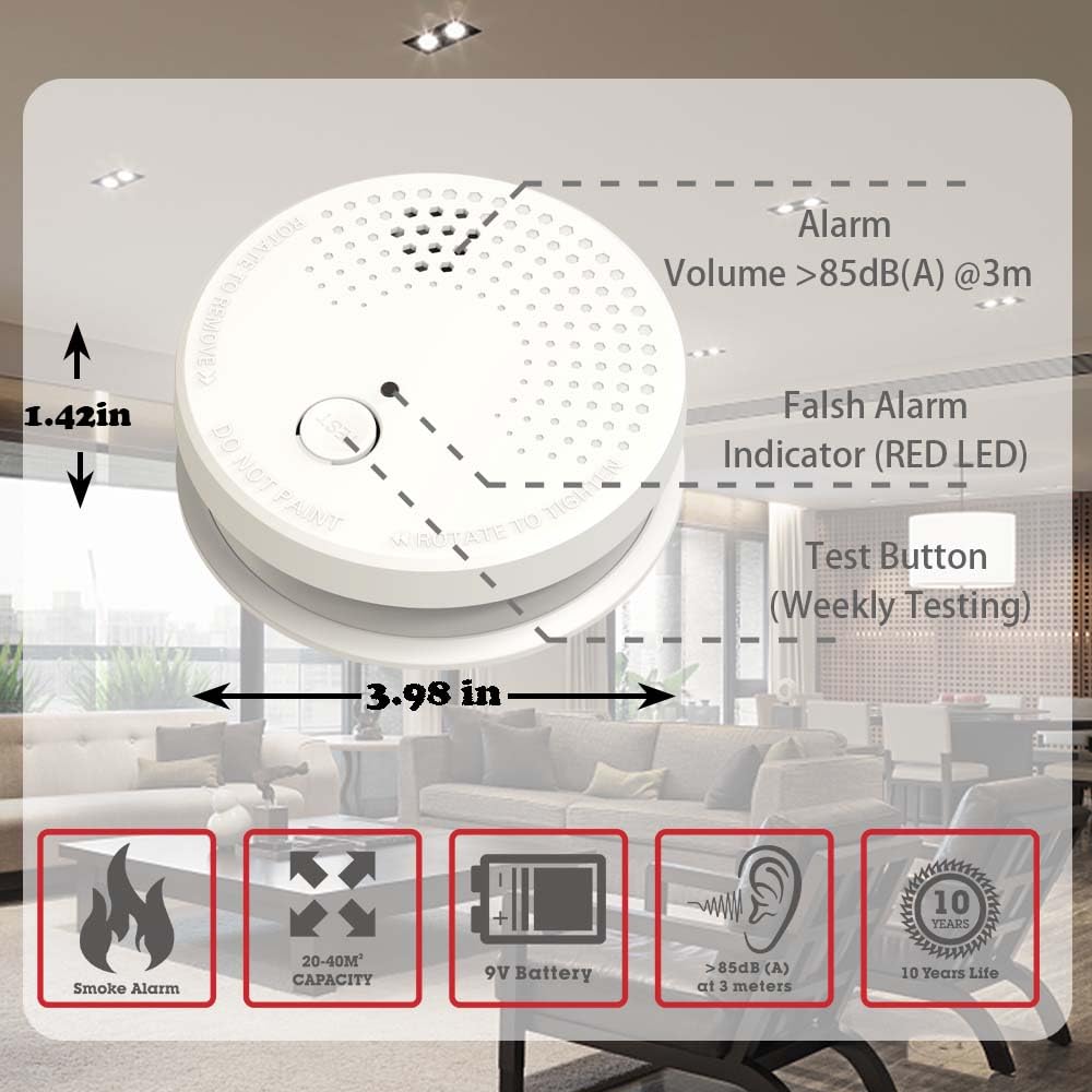 LSHOME 3 Pack Smoke Detector Fire Alarms 9V Battery Operated Photoelectric Sensor Easy to Install with Light Sound Warning, Test Button,9V Included Safety for Home Hotel(912-3) (GS528A) LSHOME
